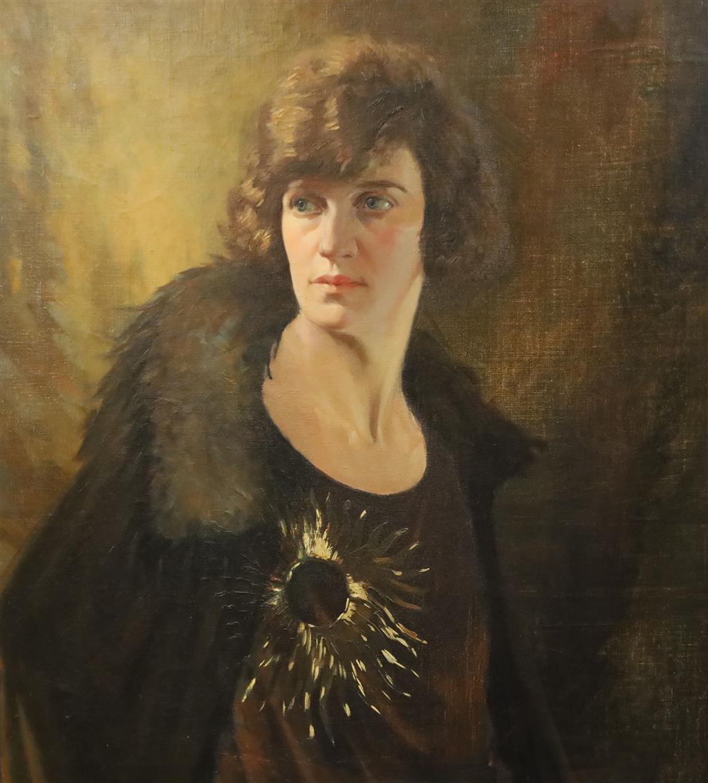 Attributed to Kenneth Center (1903-) Portrait of a Lady wearing a fur collared coat, resemblance to Georgette Heyer 29 x 24.25in.